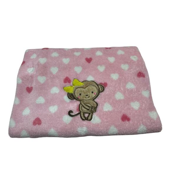 Carters Just One You Pink White Hearts Monkey Baby Blanket Green Bow Girl Fleece - Picture 1 of 5